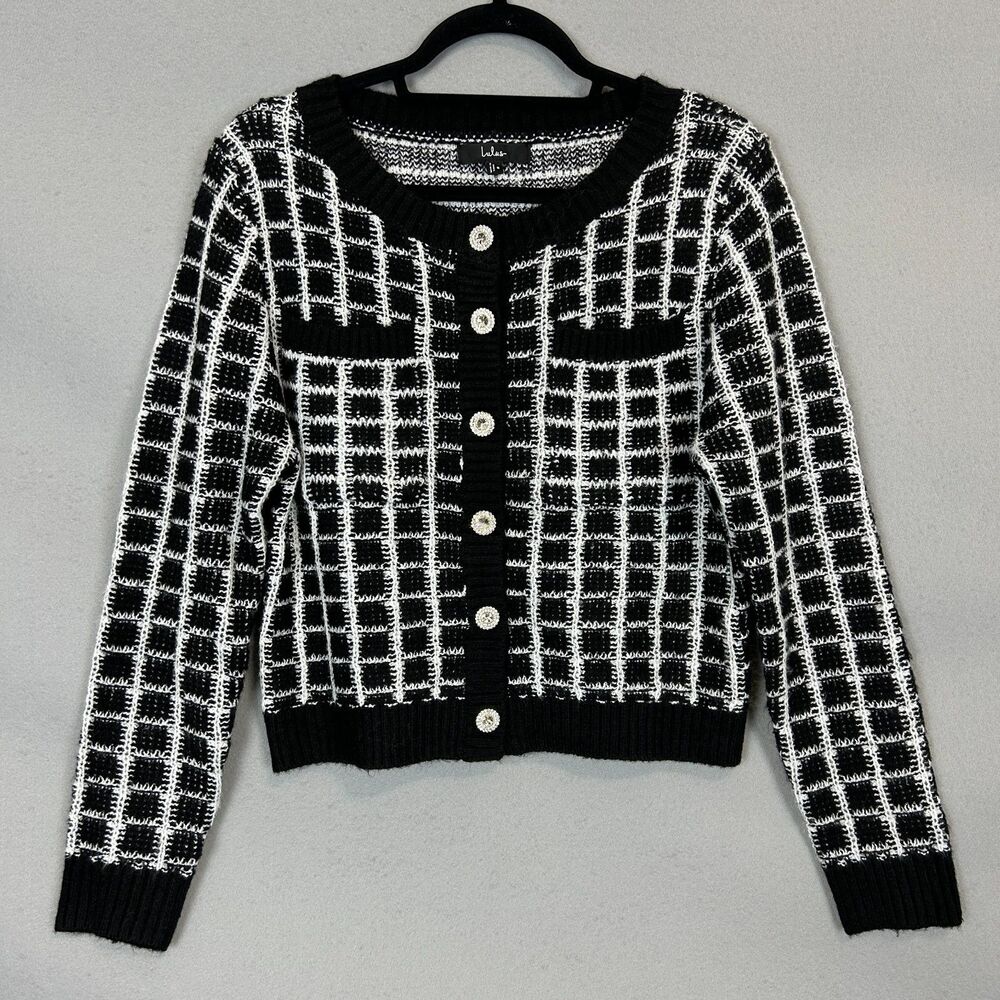 Lulus Black White Knit Cardigan Small Cropped Button Front Preppy Chic Sweater